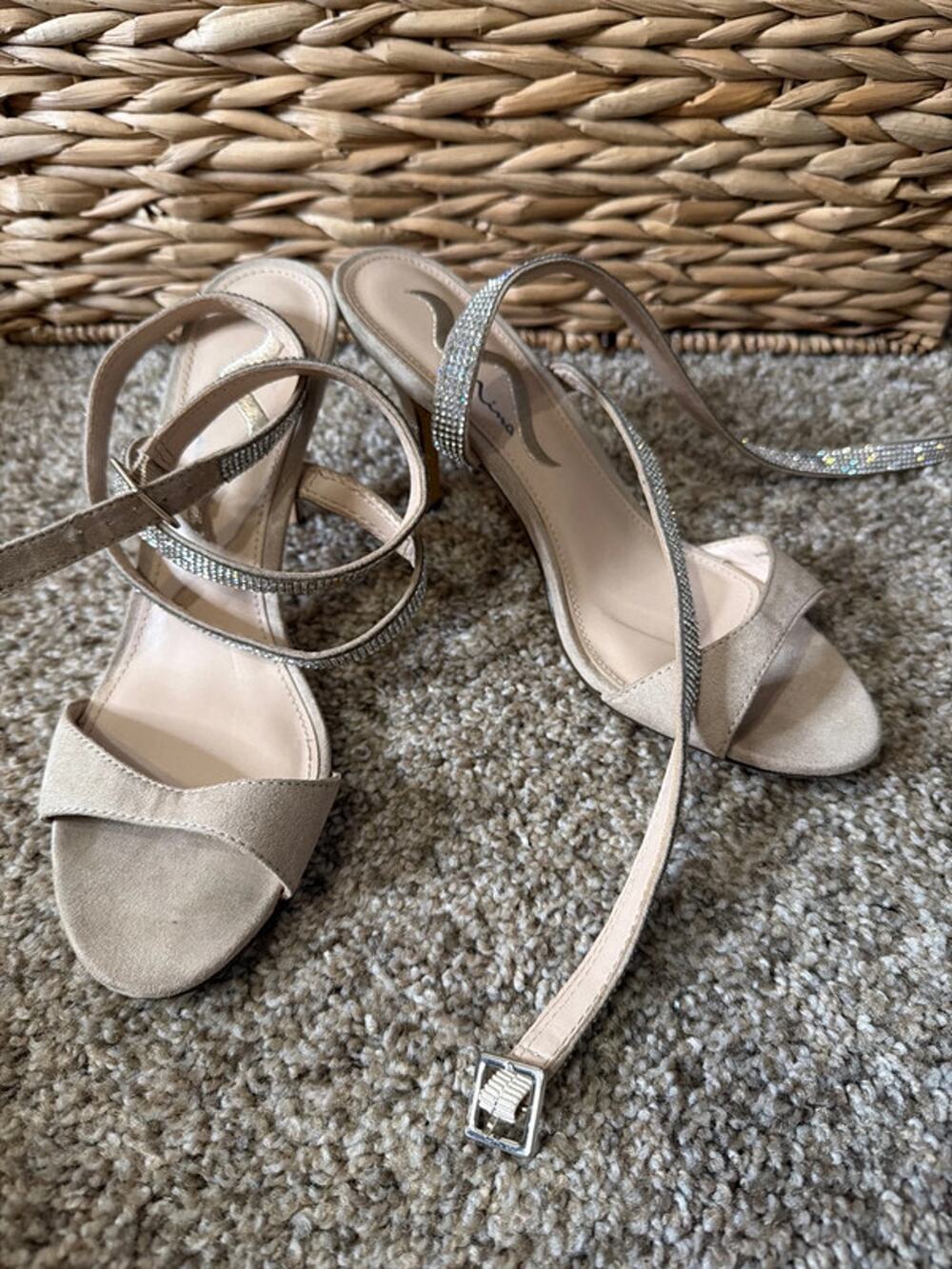 Nina beige faux suede rhinestone ankle wrap heels 8